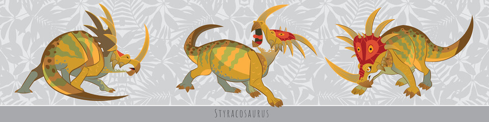 Styracosaurus is a herbivorous horned dinosaur. Attacks, defends, growls. Vector illustration. © Оксана Чумакова
