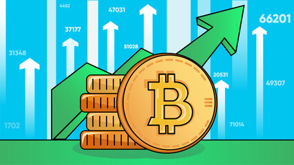 Bitcoin price rising again vector illustration background. Cartoon backdrop illustration for web new and posts about crypto bitcoin, good news and bull market. Green arrow and stack of coins.
