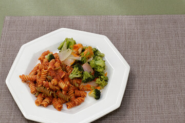 Chickpea Rotini Pasta with Tomato Meat Sauce Vegetables Meal