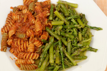Chickpea Rotini Pasta with Tomato Meat Sauce Vegetables Meal