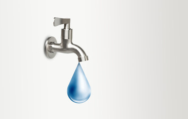 Steel less steel Tap or Faucet closeup with dripping water drop on white background, Water leaking...
