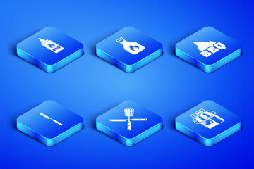 Set Barbecue shopping building, Ketchup bottle, Crossed knife and spatula, and fire flame icon. Vector