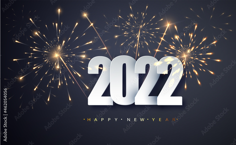Poster happy new year 2022. greeting new year banner with numbers date 2022 on the background of fireworks