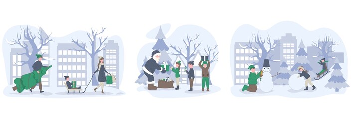 Set winter holiday people. Vector flat illustration.