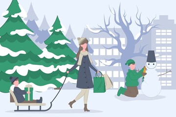 Set winter holiday people. Christmas shopping and winter holidays.