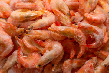 Fresh shrimps in ice. Top view.
