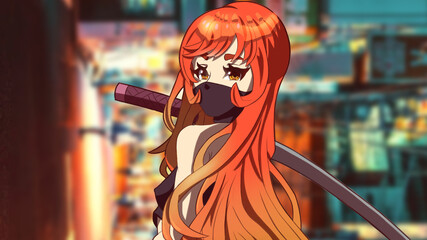 Naklejka premium Sexy anime manga girl with a katana in her hand stands pathetically she has bright fiery hair, she wears a mask and wide pants HD wallpaper format