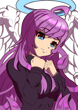 Sexy Anime Manga Angel Girl With White Big Wings Purple Hair And Big Breasts Wearing Tight Clothes Sticker