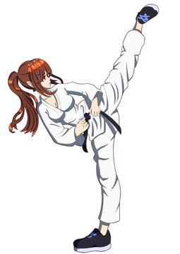 Anime manga attractive cute karate girl with big breasts is focused on kicking in the air she is wearing a kimono and a black belt her hair is gathered in a ponytail sticker