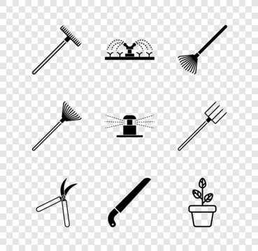 Set Garden rake, Automatic irrigation sprinklers, for leaves, Gardening handmade scissor, saw, Flowers pot, and icon. Vector