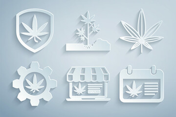 Set Online buying marijuana, Marijuana or cannabis leaf, Test tube with, Calendar and, Planting and Shield icon. Vector