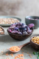 Assortment of beans and lentils on concrete background. The concept of healthy and nutritious food. Vegan high protein product.