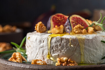 Camembert cheese with fig fruits, honey, walnuts and rosemary on dark background. French appetizer. Close up