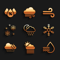 Set Cloud with snow and moon, Fog cloud sun, Water drop percentage, Snowflake, rain lightning and icon. Vector
