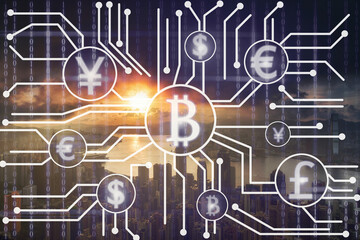 the financial technology or FinTech over the innovation technology virtual screen background with Aerial View of Hong Kong Cityscape on the sunrise time, business Fin tech network concept