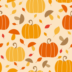 Autumn seamless pattern with pumpkin, mushrooms and leaves. Vector illustration. It can be used for wallpapers, wrapping, cards, patterns for clothes and other.