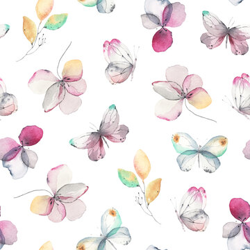 Seamless delicate pattern with flying butterflies, leaves and flowers, abstract floral watercolor print on white background. © Nikole