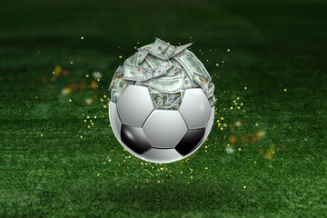 Dollars are inside the soccer ball, the ball is full of money. Sports betting, soccer betting, gambling, bookmaker, big win.