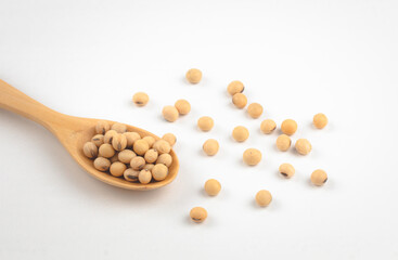 Soybean in wooden spoon with white background