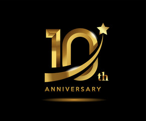 Golden 10 year anniversary celebration logo design with star symbol