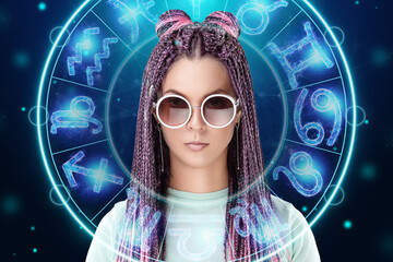 Horoscope concept, portrait of a beautiful girl on a background of a circle with the signs of the...