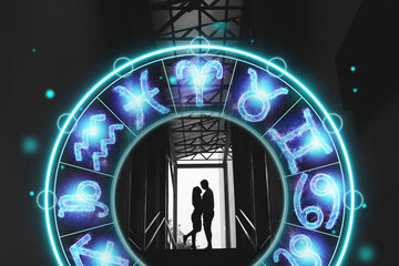 Horoscope concept, couple guy and girl on the background of a circle with the signs of the zodiac,...