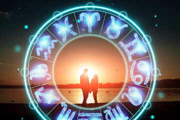 Horoscope concept, couple guy and girl on the background of a circle with the signs of the zodiac, astrology. Conceptual photo of a couple with perfect match between the signs of the zodiac.
