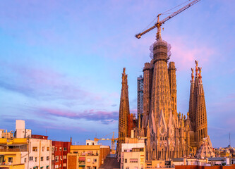view of the Sagrada Familia After a Solorfull Sunset Skies