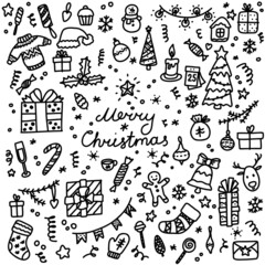 Doodle christmas icons. Hand drawn winter objects. Vector funny new year elements