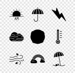 Set Sunrise, Umbrella, Lightning bolt, Wind, Rainbow with clouds, protective umbrella for beach, Fog and and Moon icon. Vector