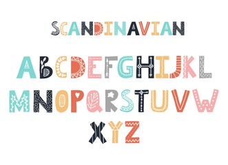 Scandinavian alphabet. Childish hand drawn font. Vector decorative letters