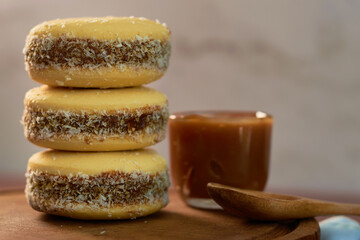 Soft homemade Argentine alfajores filled with caramel. Traditional Argentine pastry.