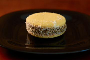 Alfajores made with cornstarch filled with caramel and coconut. Traditional Argentinean pastries.