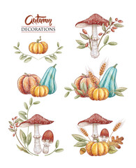 Autumn decoration illustration. Fall harvest, pumpkin art, mushrooms watercolor. Autumn hand drawn elements
