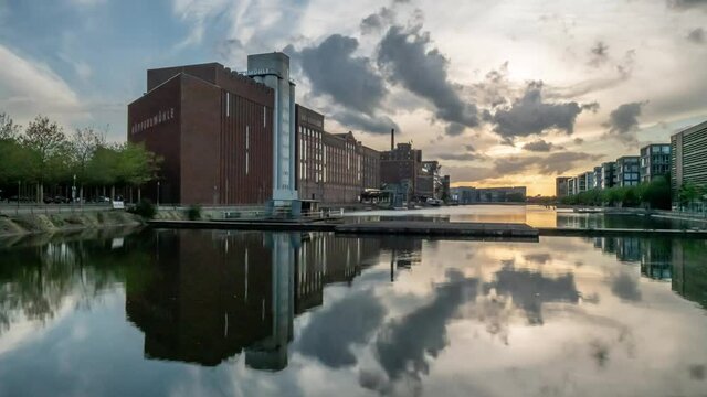 DUISBURG, GERMANY - September 28th 2021: Art Museum Kueppersmuehle in Inner harbor in Duisburg. Museum Kueppersmuehle renewed by Herzog + de Meuron Architects