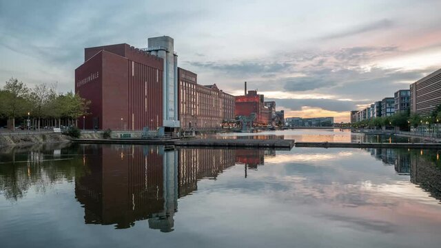 DUISBURG, GERMANY - September 28th 2021: Art Museum Kueppersmuehle in Inner harbor in Duisburg. Museum Kueppersmuehle renewed by Herzog + de Meuron Architects