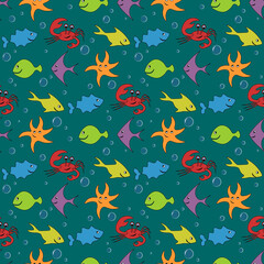Obraz premium Children s Drawings Fish Crab Starfish Seamless Pattern