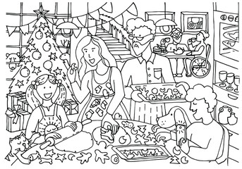 Fototapeta na wymiar Coloring page. Happy family cooking in kitchen. Parents and children together bake cookies for Christmas. Son captures moments on the phone. Grandparents drink tea. Colouring book sketch vector