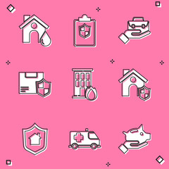 Set House flood, Document with shield, Hand holding briefcase, Delivery security, Fire burning house, and Emergency car icon. Vector
