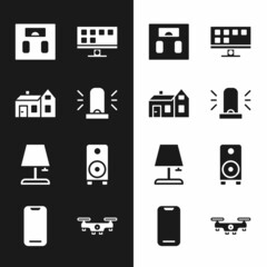 Set Flasher siren, House, Bathroom scales, Smart Tv, Table lamp, Stereo speaker, Drone flying and Smartphone icon. Vector