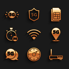 Set Wi-Fi wireless network, Digital speed meter 5G, Router and wi-fi signal, Location, Sim card and icon. Vector