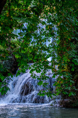Fototapeta na wymiar The Monasterio de Piedra park in Nuevalos, Spain, in a hundred-year-old forest full of magical waterfalls