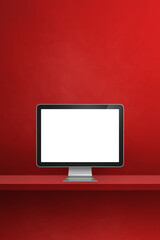 Computer pc on red shelf. Vertical background