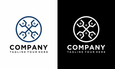 Circle House and wrench negative space logo line art design vector template on a black and white background.