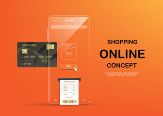 Black credit card inserted into a smartphone that looks like a clear glass. and the receipt paper flowed out for online shopping and finacial concept design,vector 3d on orange background