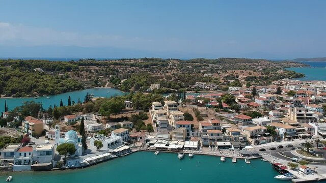 Aerial view over Porto Cheli, a summer resort town in the municipality of Ermionida in the southeastern part of Argolis, Greece