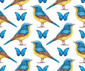 Seamless Pattern with hand-drawn Blue Flycatcher and butterflies, digitally colored