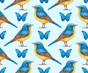 Seamless Pattern with hand-drawn Blue Flycatcher and butterflies, digitally colored