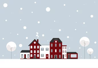 Tapeten Winterlandschaft - Stadt versinkt im Schnee. Weihnachten, Vektor Hintergrund. Rot  © frittipix