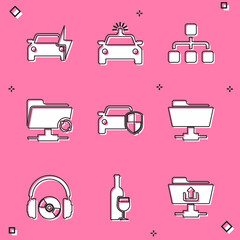 Set Electric car, Police and flasher, Hierarchy organogram chart, FTP sync refresh, Car protection insurance and folder icon. Vector